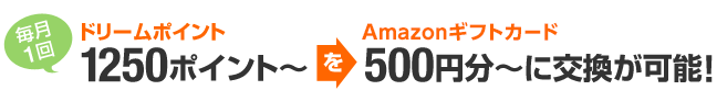 ドリームポイント1250ポイント～をAmazonギフト券500円分～に交換が可能！